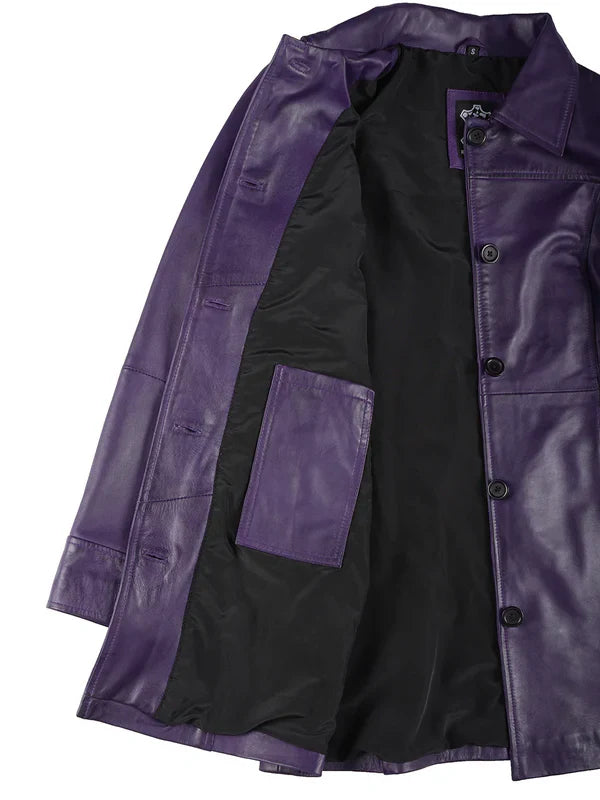 Kandis Women's Leather Purple 3/4 Length Car Coat