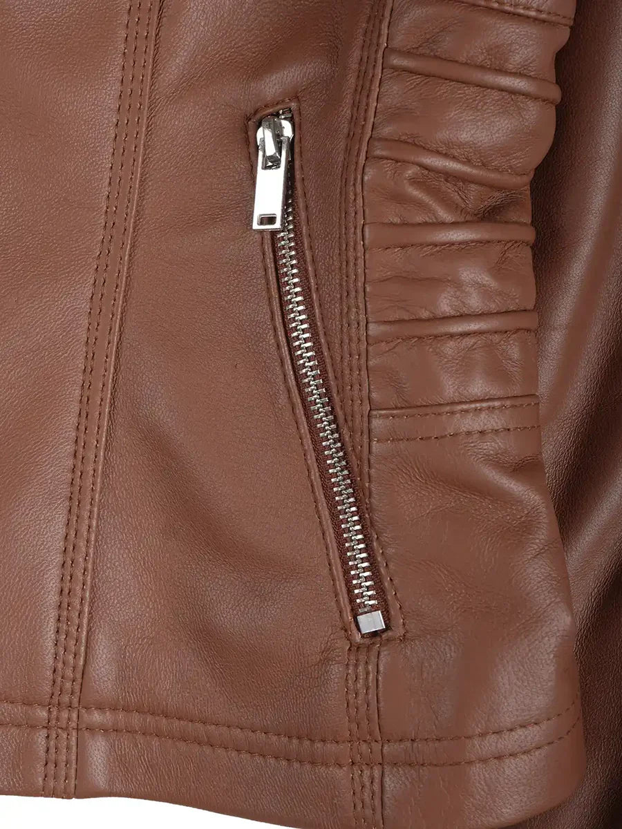 Women's Cognac Brown Leather Jacket With Removable Hood