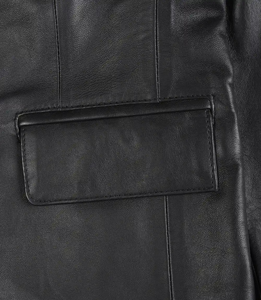 Womens Notch Lapel Black Leather Blazer Jacket