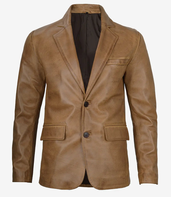 Mens Two Button Camel Brown Leather Blazer