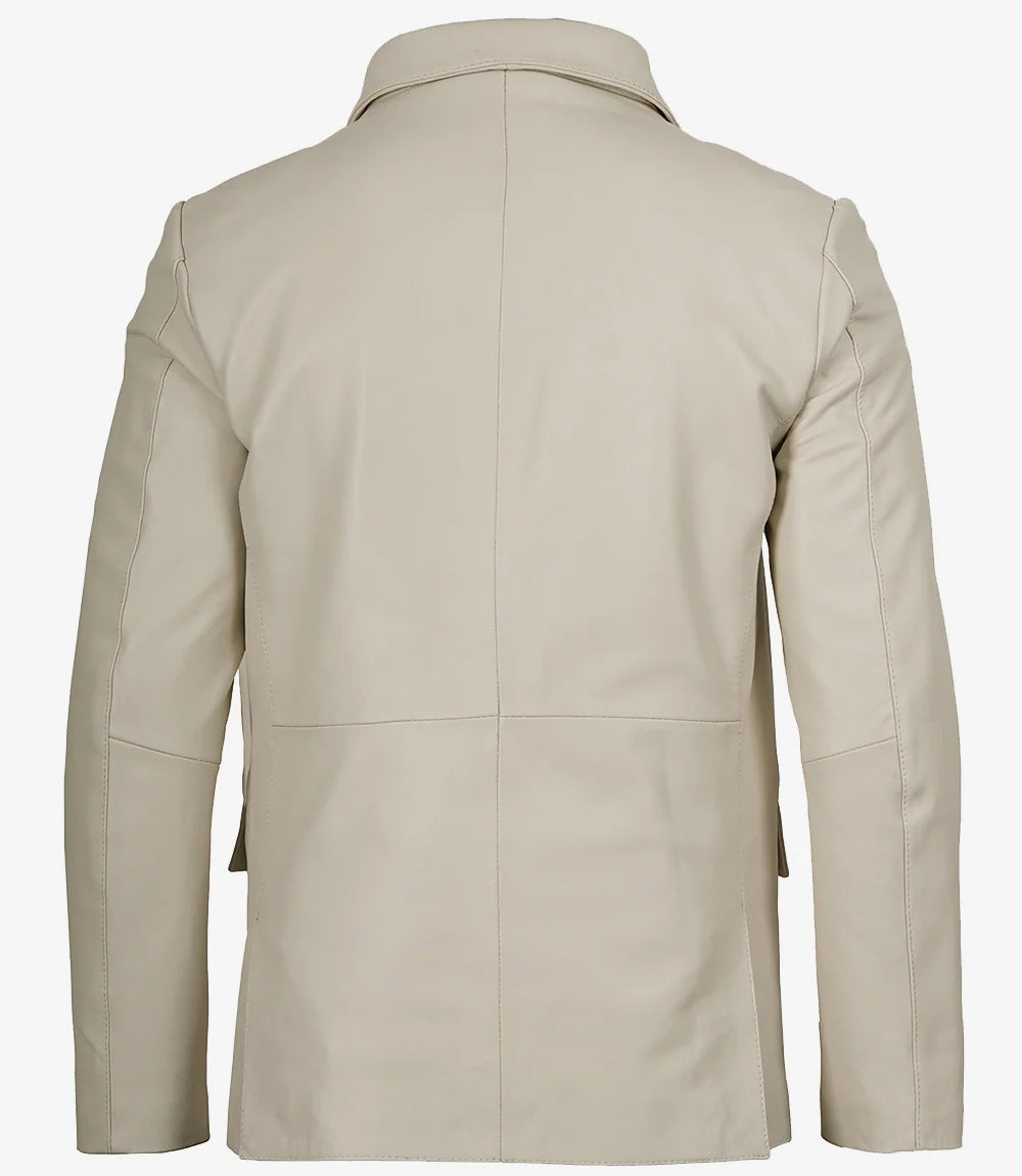Men's Two Button Notch Lapel Off White Leather Blazer