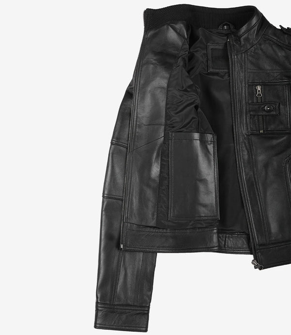 Tavares Womens Black Cafe Racer Style Leather Jacket