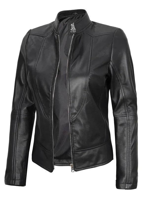 Amy Women's Black Cafe Racer Leather Jacket