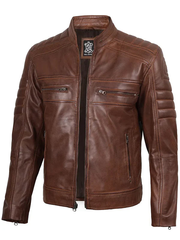 Austin Men's Cognac Brown Cafe Racer Leather Jacket