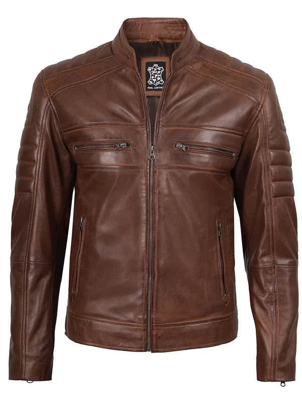 Austin Men's Cognac Brown Cafe Racer Leather Jacket