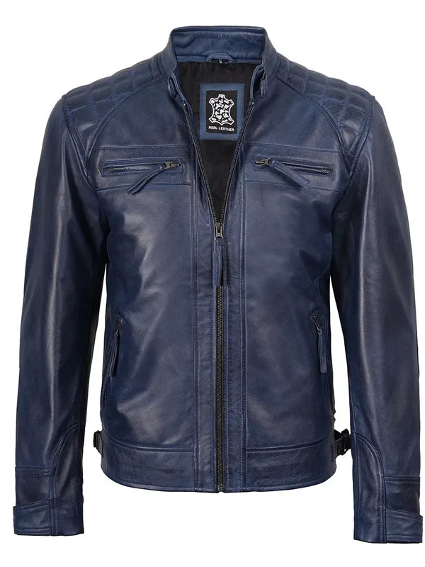 Men’s Blue Waxed Leather Cafe Racer– Premium leather jacket