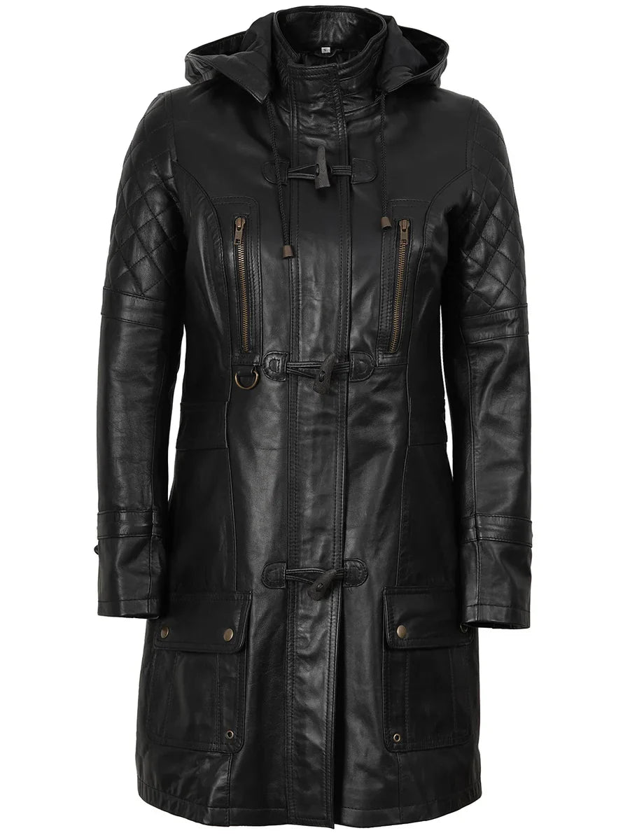 Women’s Black 3/4 Length Leather Coat With Hood