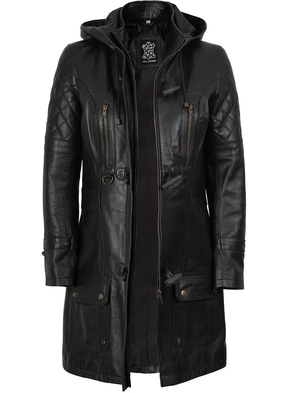 Women’s Black 3/4 Length Leather Coat With Hood