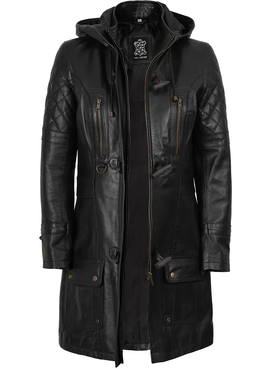 Women’s Black 3/4 Length Leather Coat With Hood