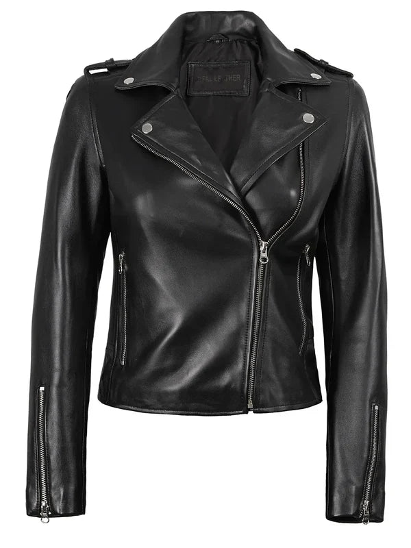 Kirsten Women's Black Asymmetrical Leather Biker Style Jacket