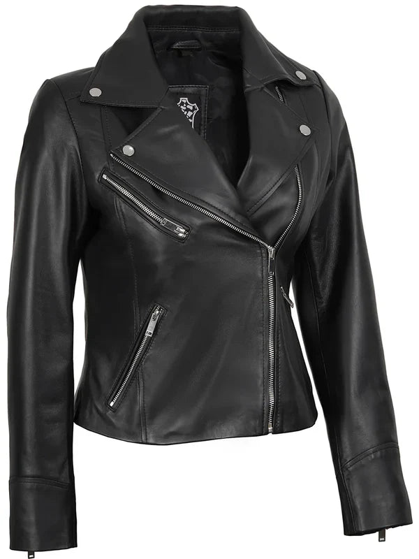 Women's Black Asymmetrical Leather Biker Style Jacket