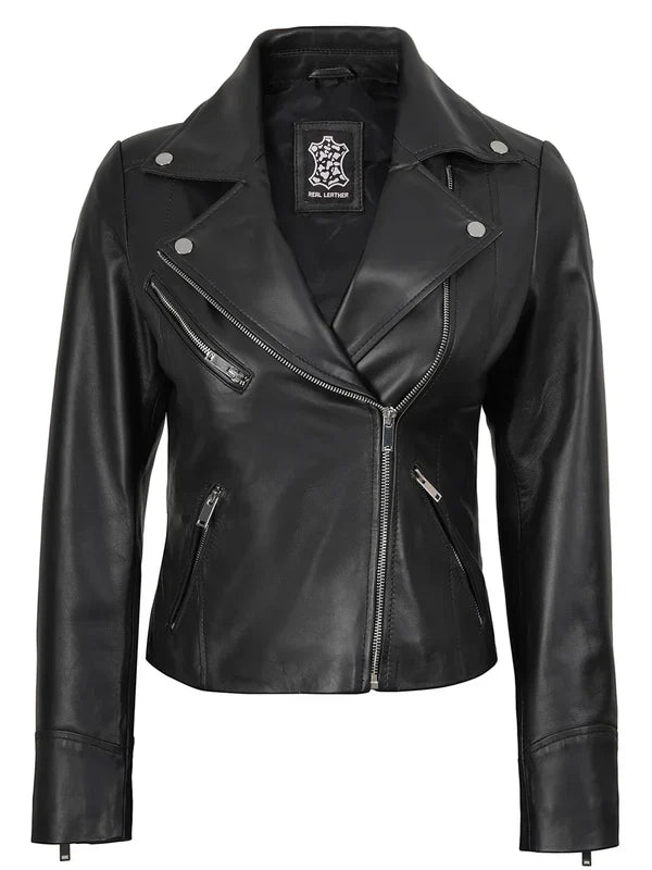Women's Black Asymmetrical Leather Biker Style Jacket