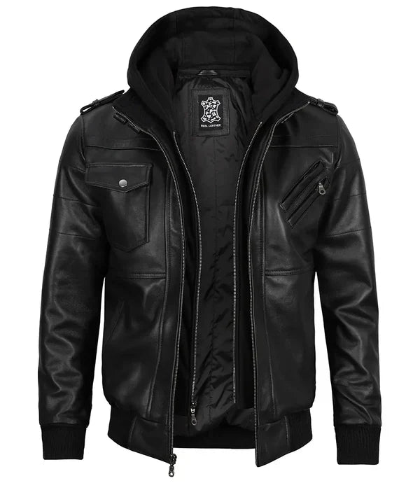 Edinburgh Mens Black Bomber Leather Jacket With Removable Hood