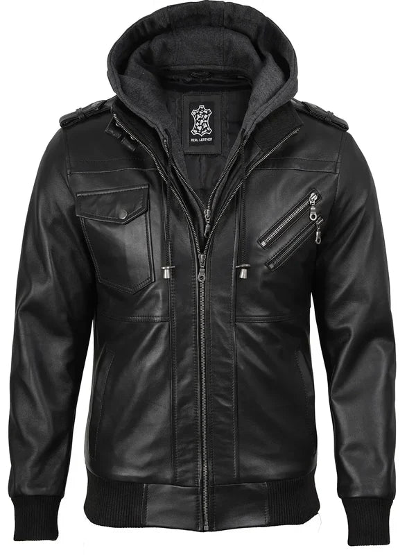 Men's Black Bomber Leather Jacket with Removable Hood