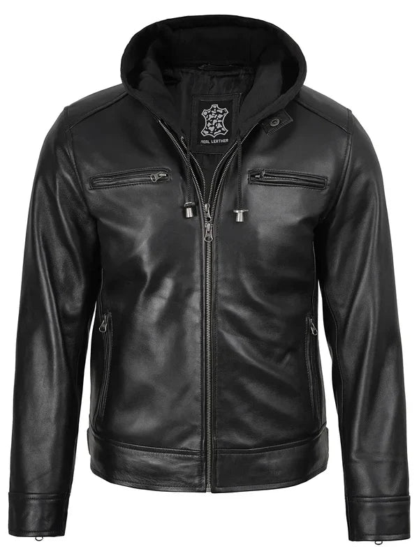 Men's Black Biker Style Leather Jacket with Removable Hood