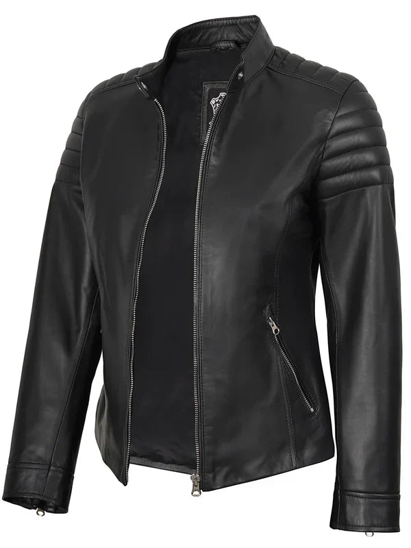 Women's Black Cafe Racer Style Leather Jacket