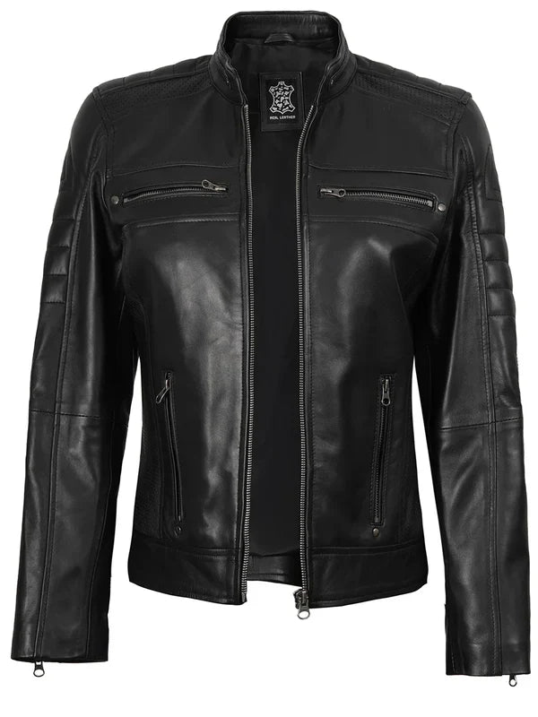 Austin Women's Black Cafe Racer Style Leather Jacket