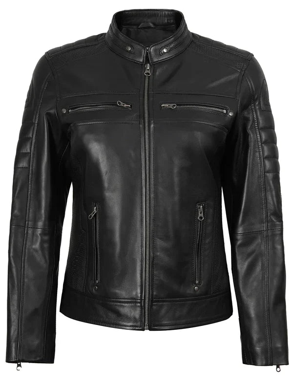 Austin Women's Black Cafe Racer Style Leather Jacket