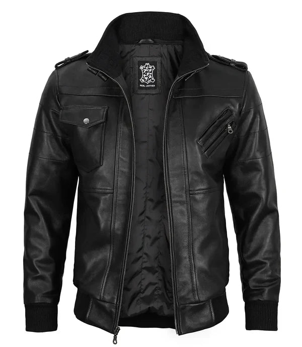 Edinburgh Mens Black Bomber Leather Jacket With Removable Hood