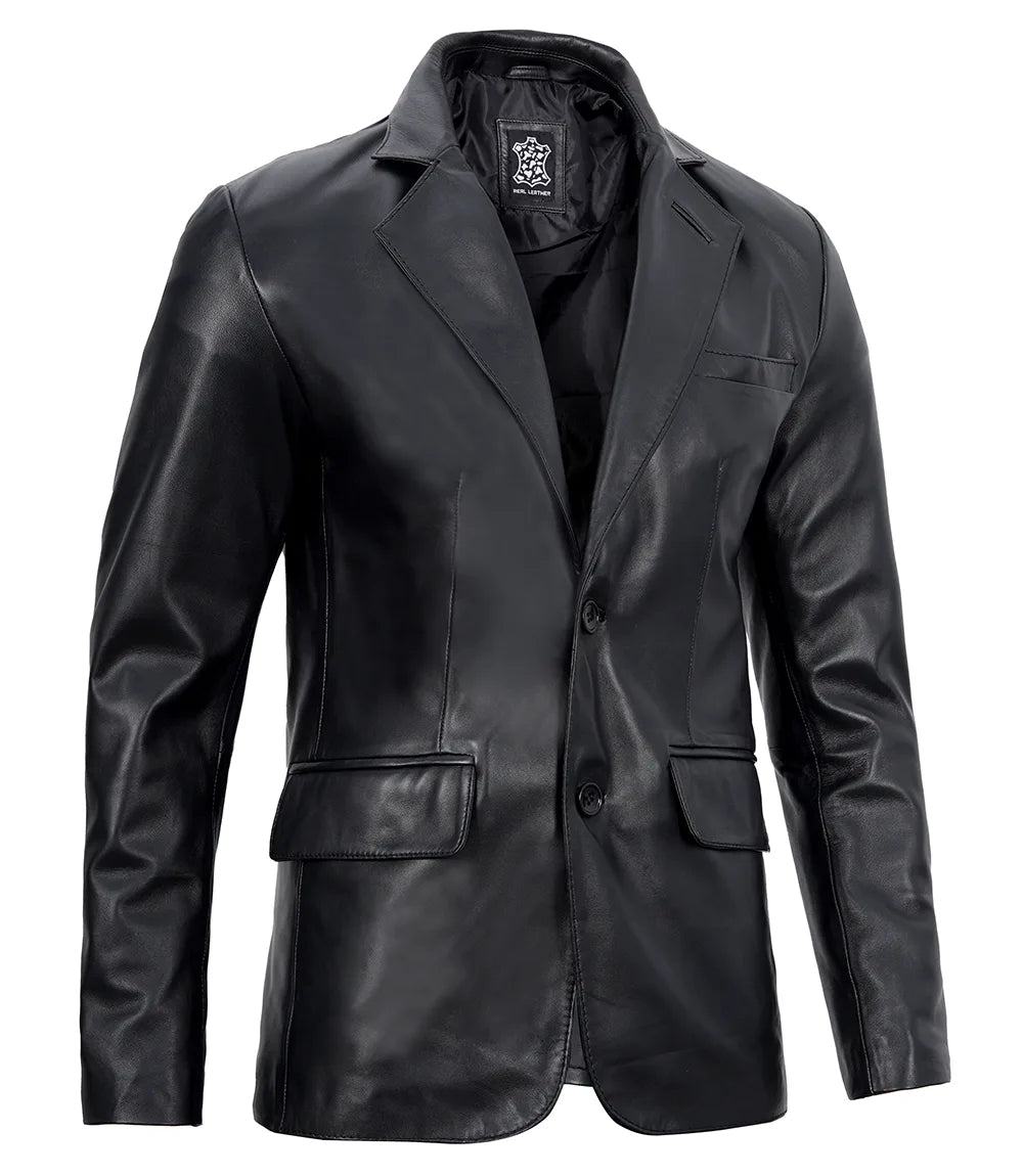 Mens Two Button Notch Lapel Black Leather Blazer