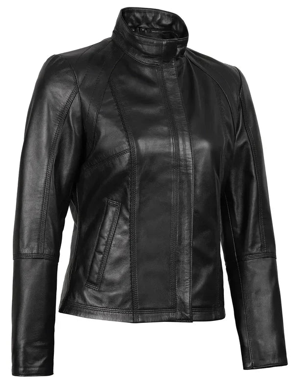Acerra Women's Black Biker Style Leather Jacket