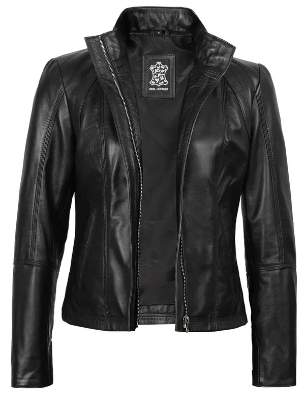 Acerra Women's Black Biker Style Leather Jacket