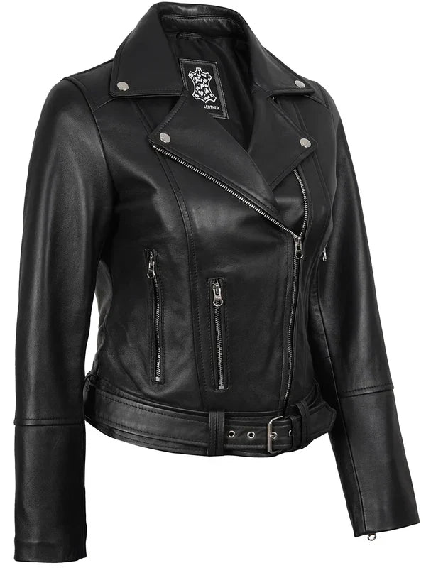 Womens Asymmetrical Black Biker Style Leather Jacket