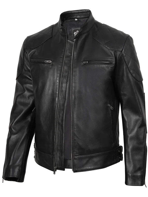 Men's Black Cafe Racer premium  Leather Biker Jacket