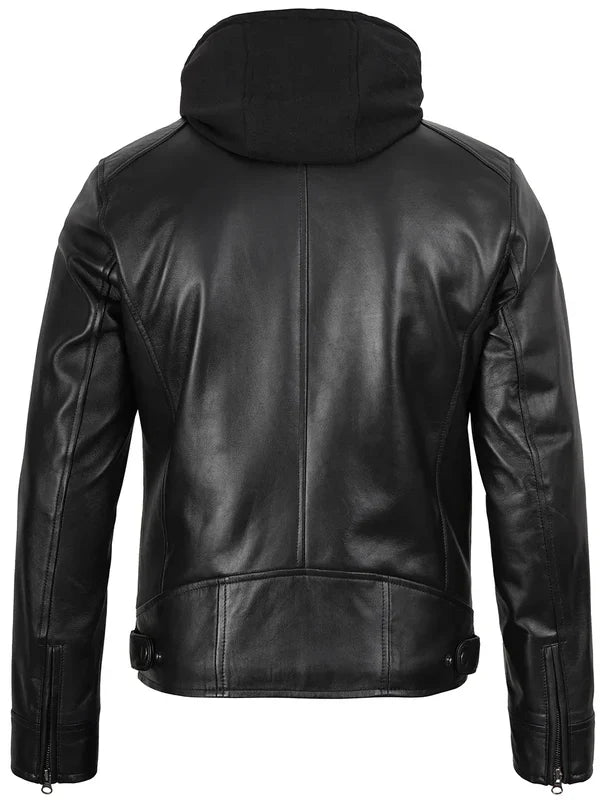 Men's Black Biker Style Leather Jacket with Removable Hood