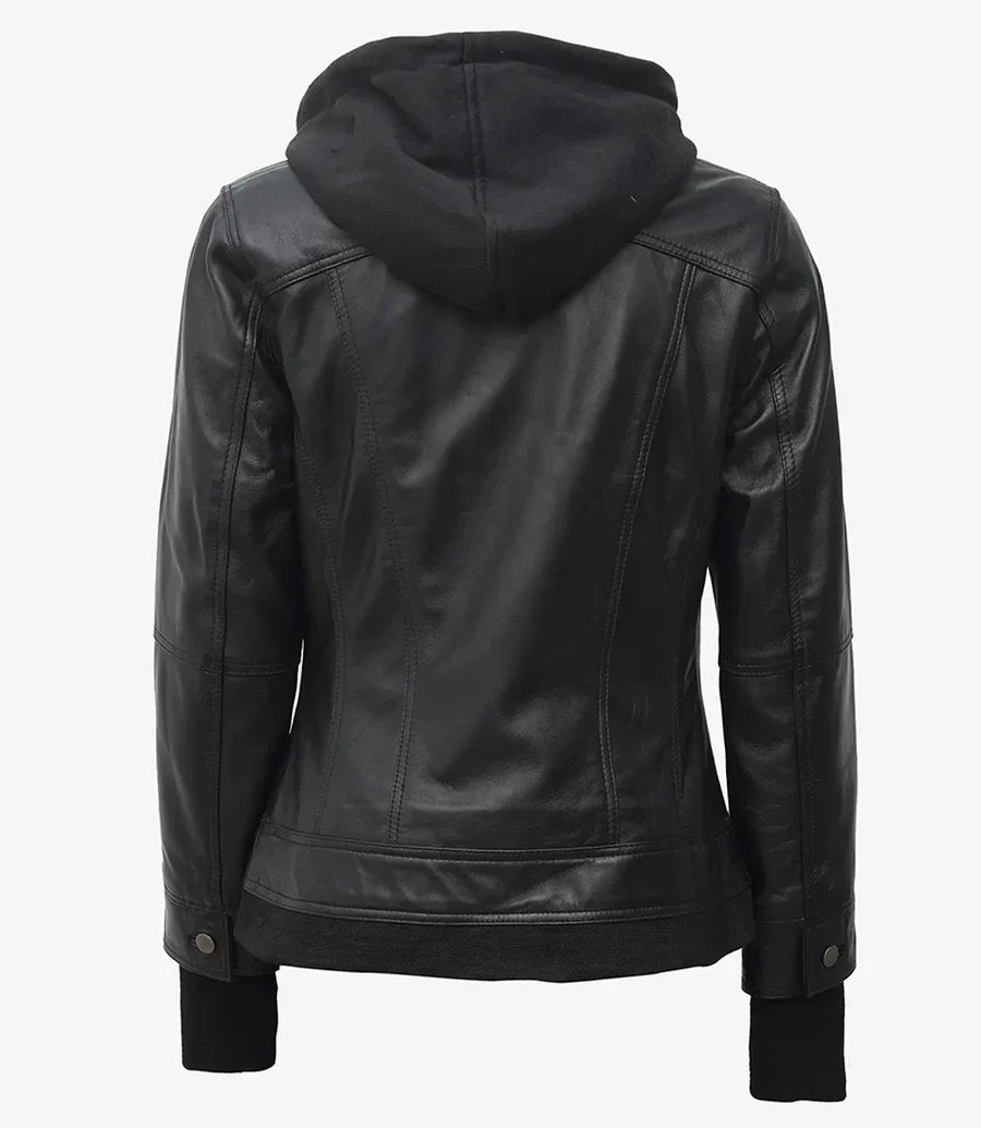 Tralee Women's Black  Leather Jacket With Removable Hood