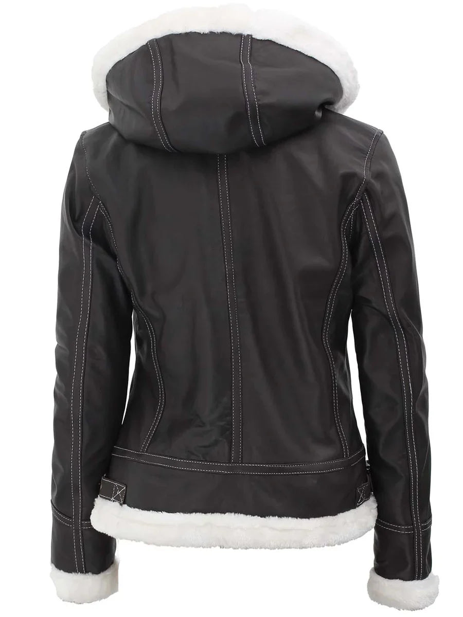Womens Shearling  Leather Jacket with Removable Hood