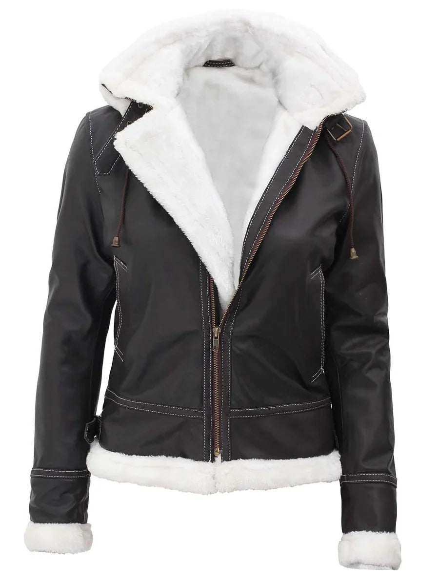 Womens Shearling  Leather Jacket with Removable Hood