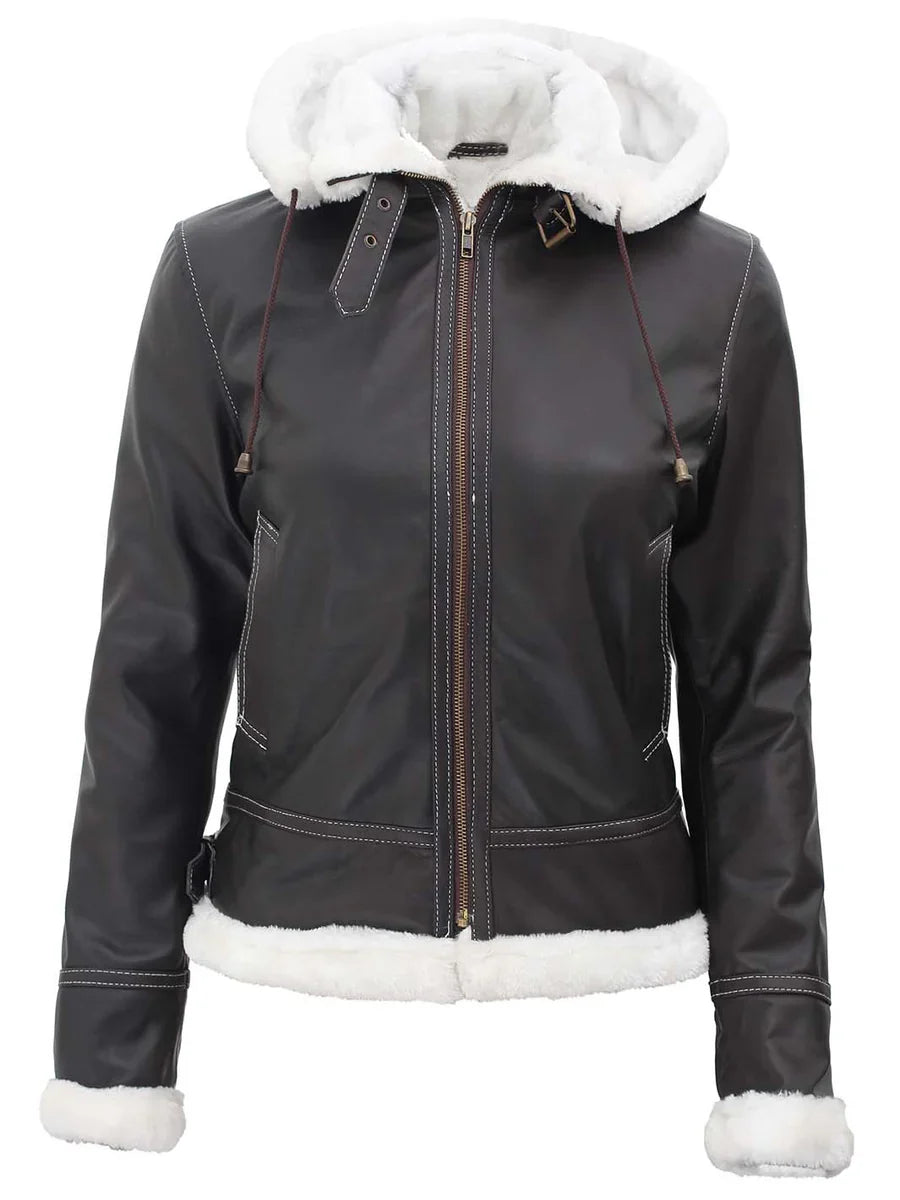 Womens Shearling  Leather Jacket with Removable Hood