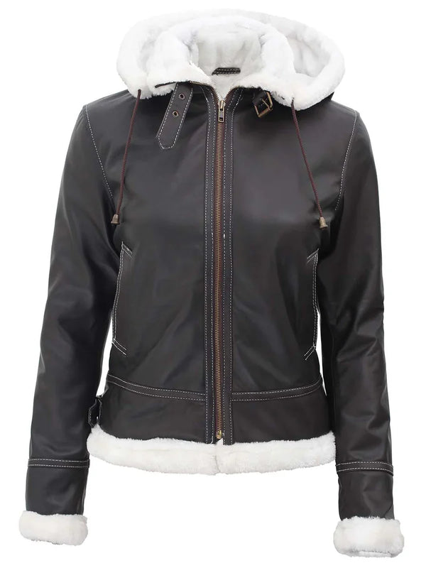 Womens Shearling  Leather Jacket with Removable Hood