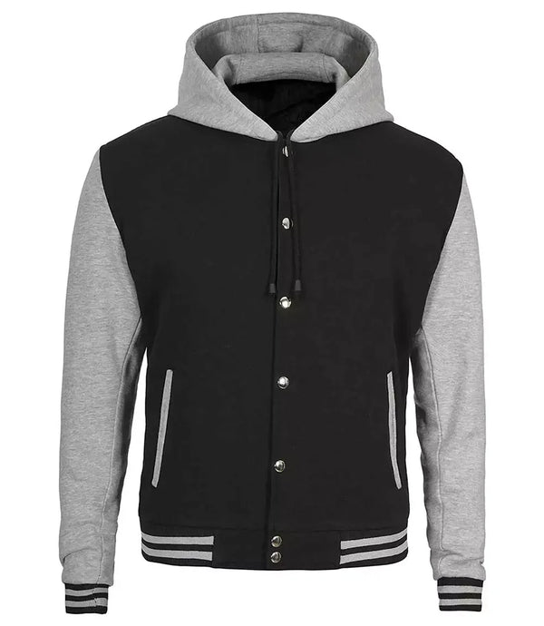 Mens Black and Grey Varsity Jacket with Hood - Baseball  Style
