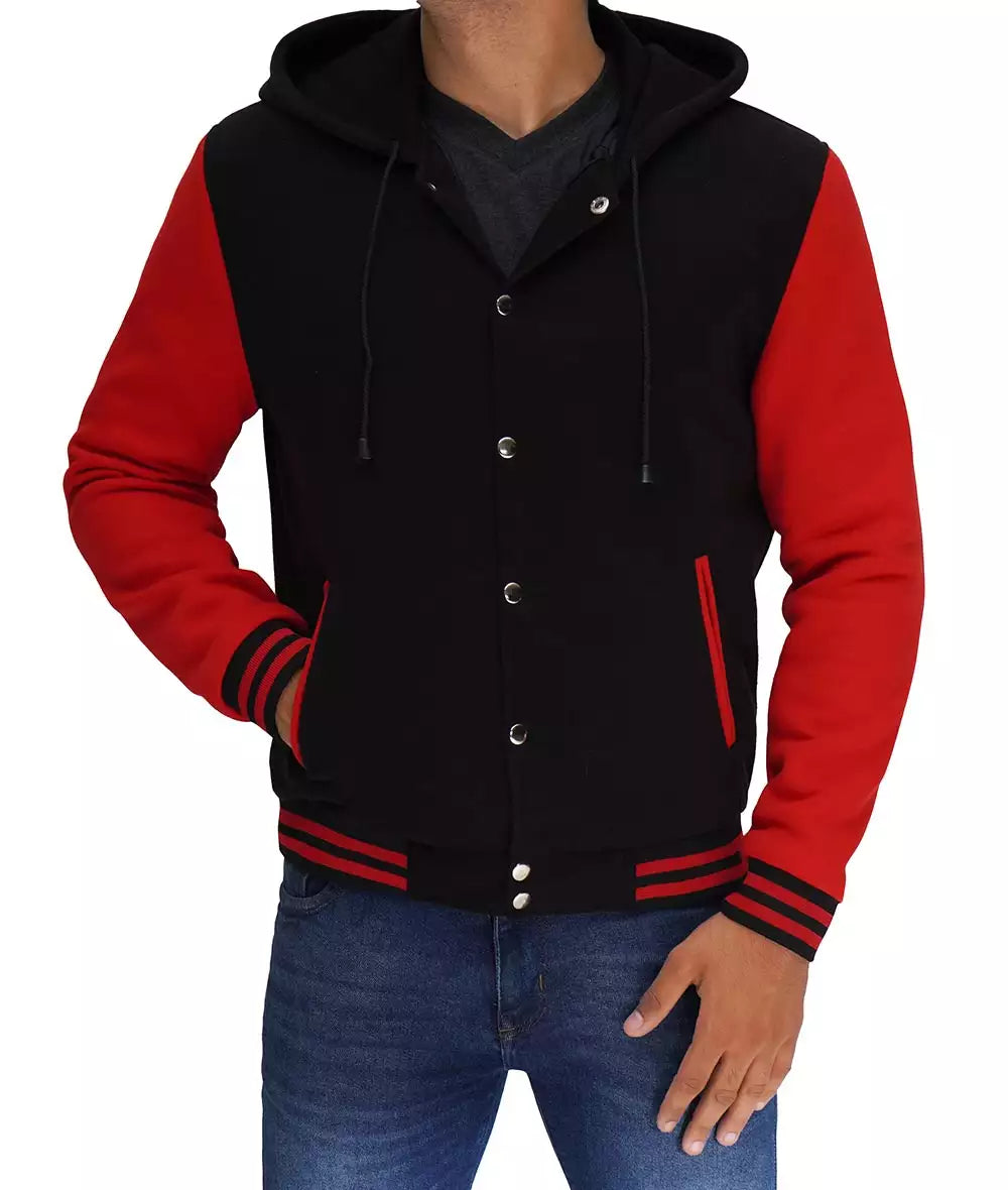Salerno Men’s Black and Red Hooded Varsity Jacket Bomber