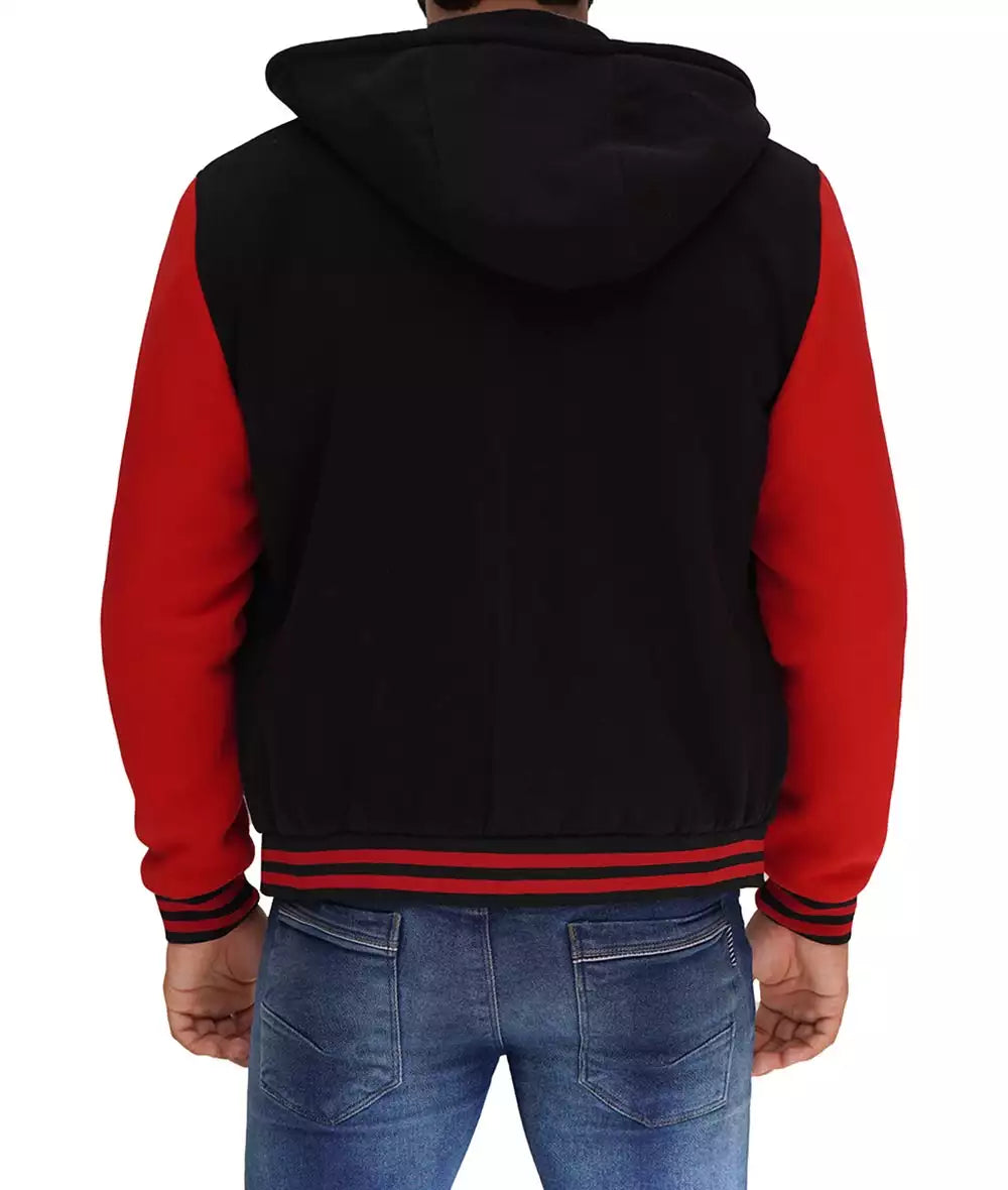 Salerno Men’s Black and Red Hooded Varsity Jacket Bomber