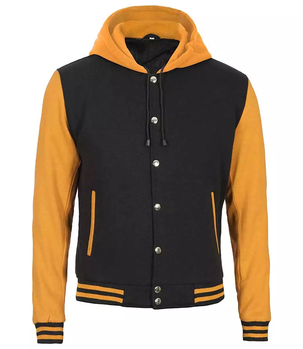 Mens Yellow Black Varsity Jacket with Hood