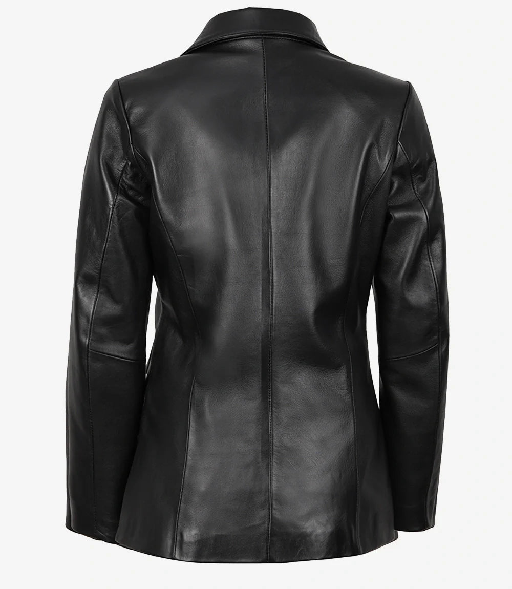 Women's Two Button Black Leather Blazer Jacket