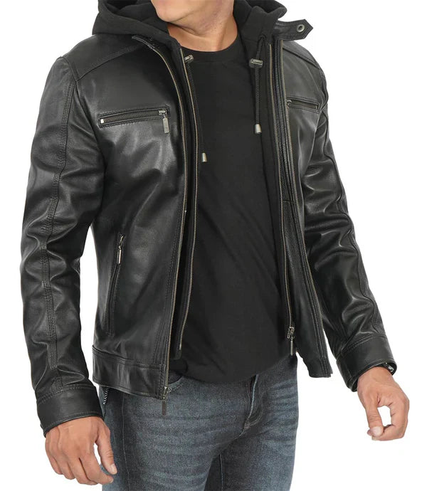 Merrill Men's Black Hooded Premium Leather Jacket