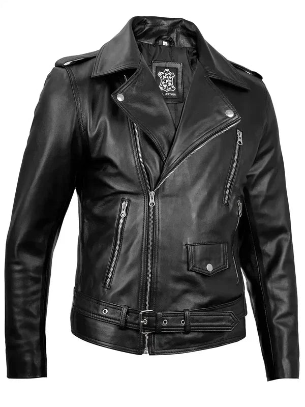 Men's Black Asymmetrical Leather Biker Style Jacket