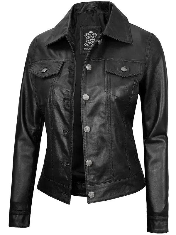 Fernando Women's Black Leather Trucker Jacket