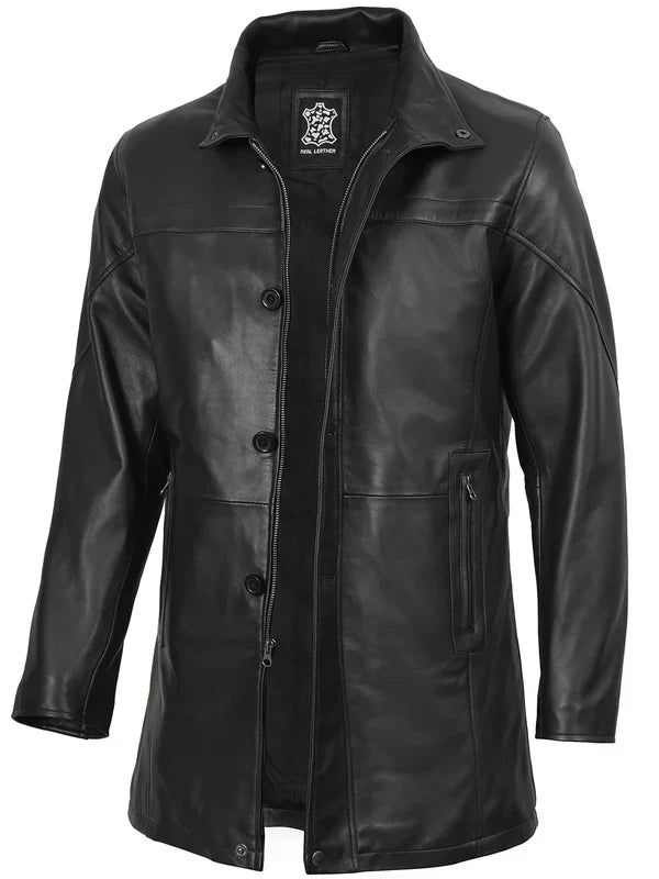 Bristol Men's Black Premium Leather Car Coat