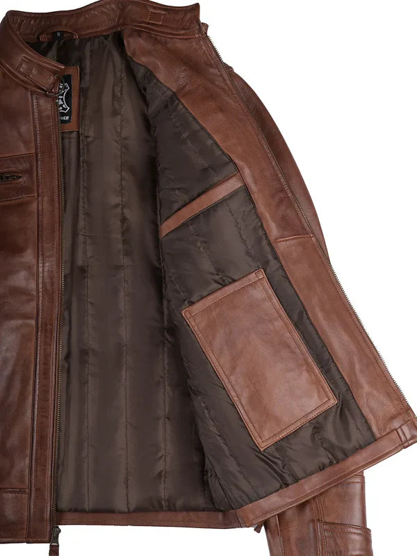 Johnson Men's Cognac Brown Quilted Biker Leather Jacket