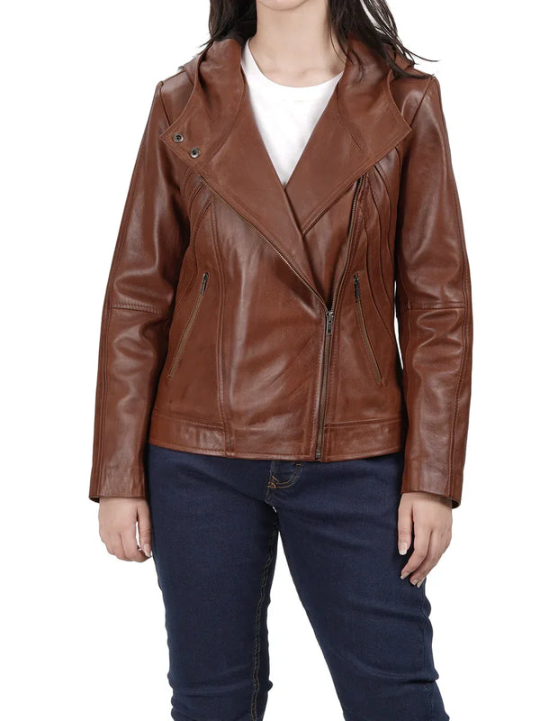Cidra Women Asymmetrical Brown Hooded Leather Jacket