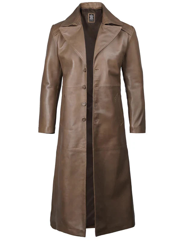 Brown Men’s Real Leather Long Duster Coat  Genuine Leather