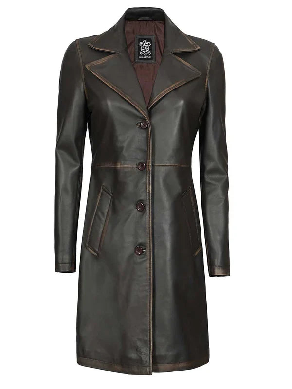 Bryson Women's Rub Off Dark Brown Leather Long 3/4 Coat