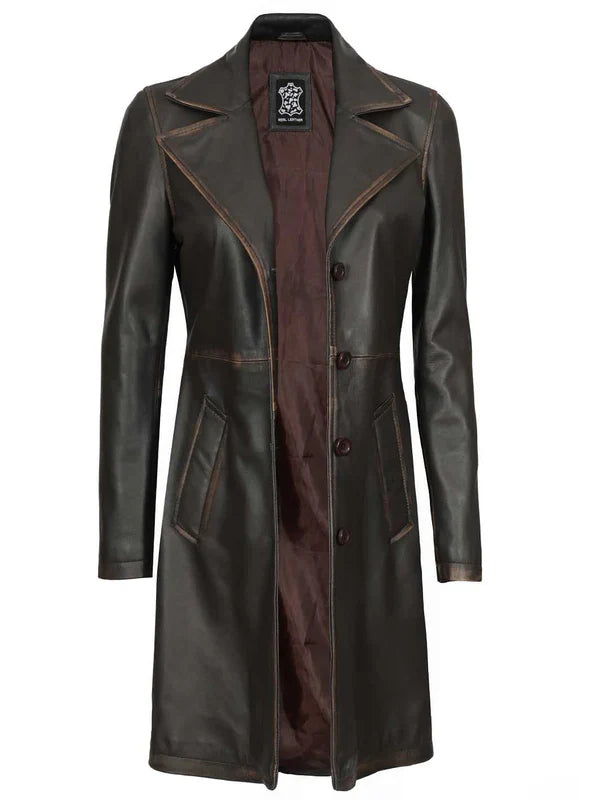 Bryson Women's Rub Off Dark Brown Leather Long 3/4 Coat