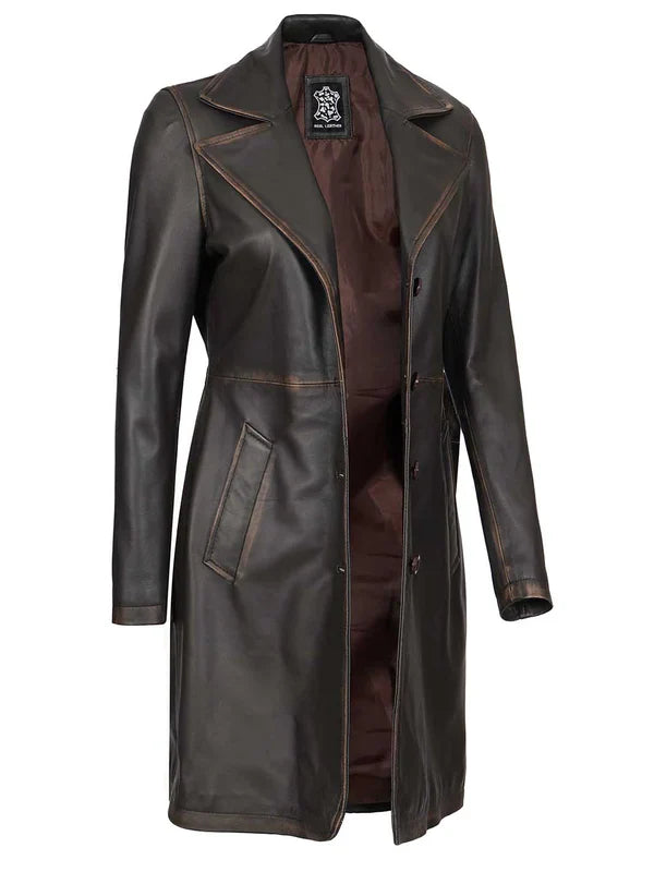Bryson Women's Rub Off Dark Brown Leather Long 3/4 Coat