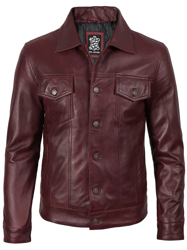 Men’s Burgundy Real Leather Trucker Genuine Leather Jacket